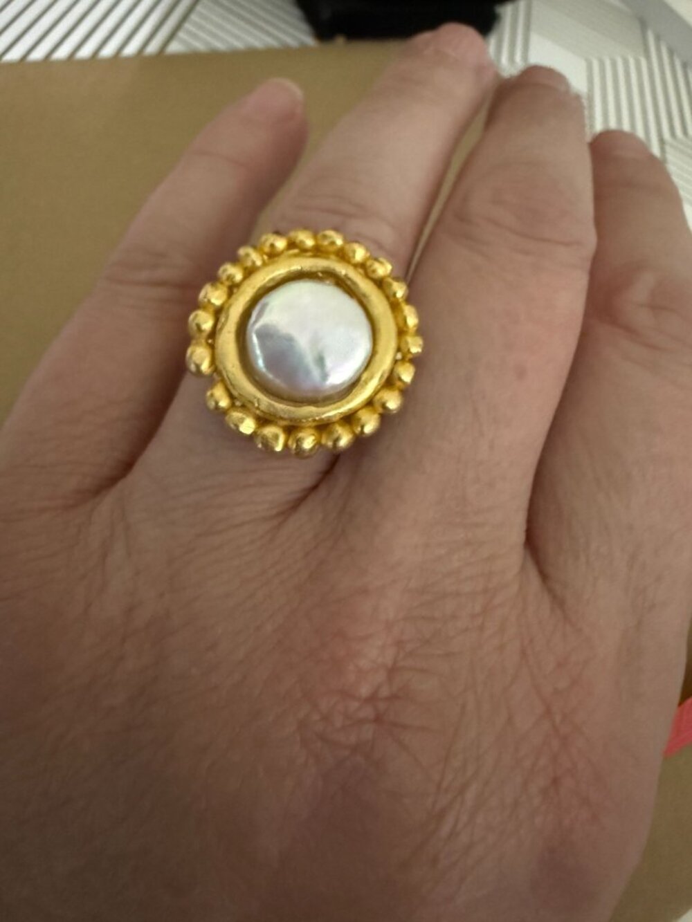 Susan Shaw Gold-Plated Dotted Mother of Pearl Ring Baroque Style Adjustable Fit